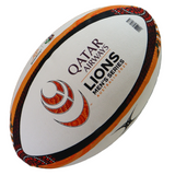 The Gilbert British and Irish Lions Series 2025 Replica Ball features "Qatar Airways Lions Men's Series Australia 2025" branding and orange, black, and white designs—ideal for fans of the 2025 series.