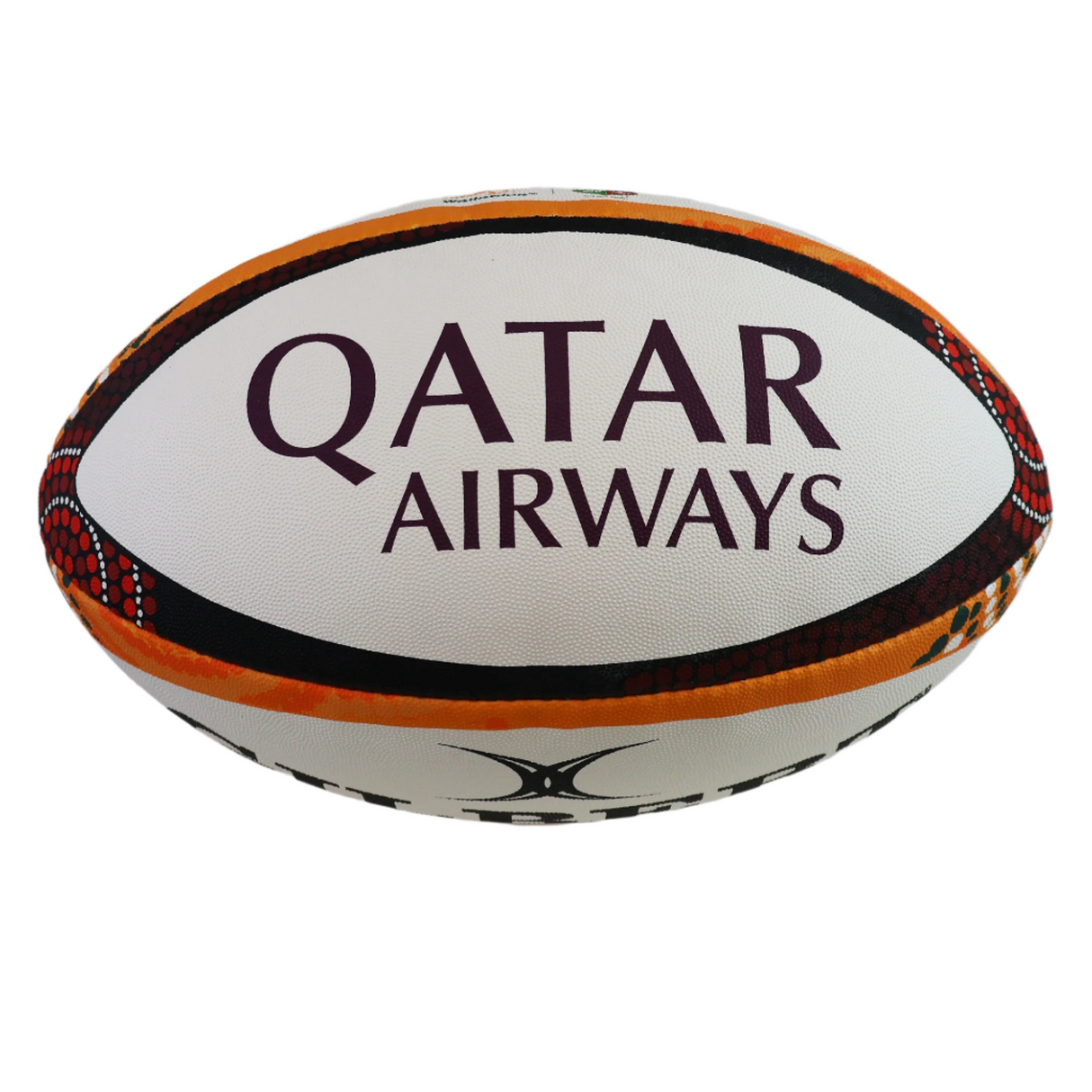 The British and Irish Lions Series 2025 Replica Ball by Gilbert is a white rugby ball with orange and red accents, displayed on a stand and featuring the "Qatar Airways" logo in large purple letters.