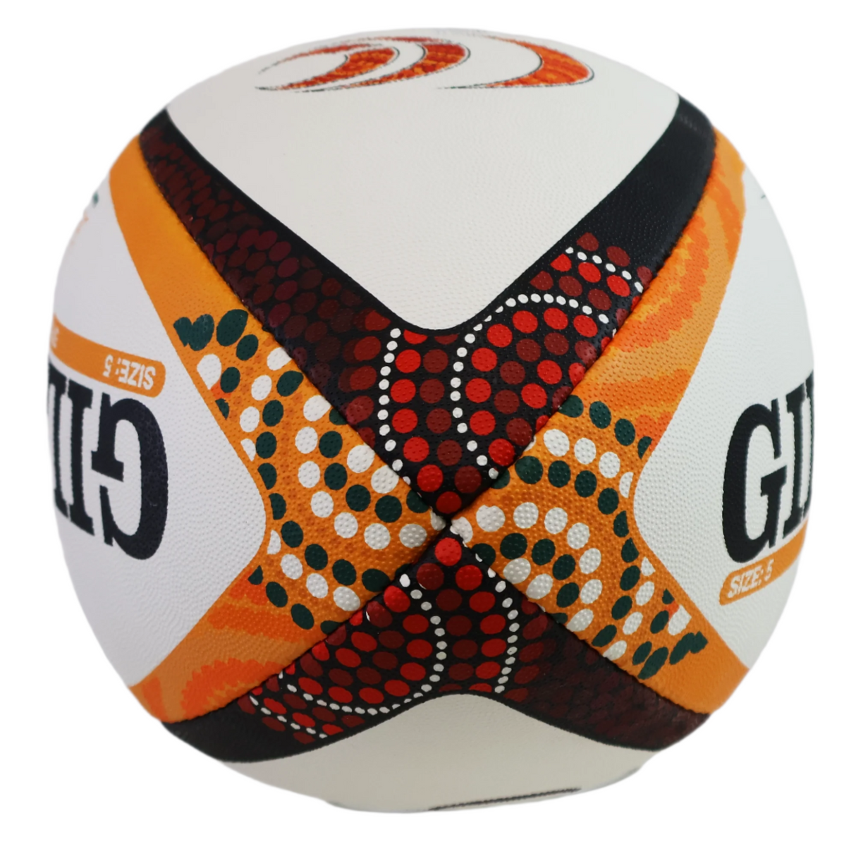 The British and Irish Lions Series 2025 Replica Ball by Gilbert features a white design with orange, black, and red dots plus "GILBERT" in black, displayed on a stand—ideal for commemorating the 2025 British and Irish Lions Series.