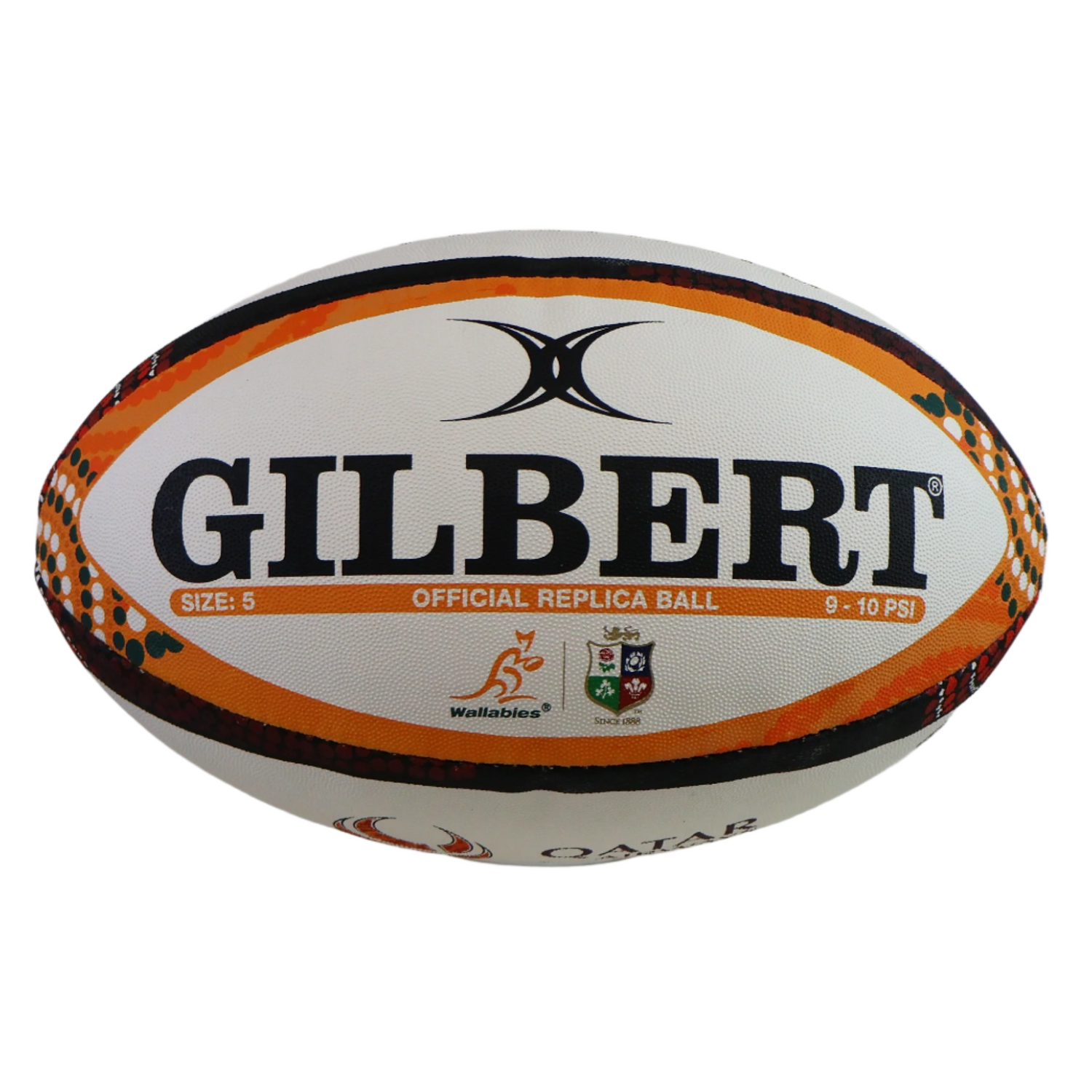 The British and Irish Lions Series 2025 Replica Ball by Gilbert, size 5 with orange and black accents and special series detailing, features Rugby Australia logos and is displayed on a clear stand.