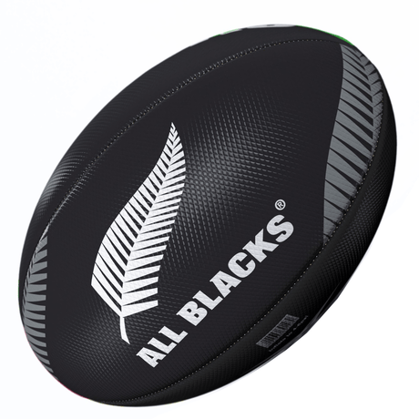 A black rugby ball featuring a silver fern logo and the text "All Blacks" on its side, set against a white background.

A black All Blacks Surf Beach Ball by Gilbert featuring a silver fern logo and the text "All Blacks" on its side, set against a white background.