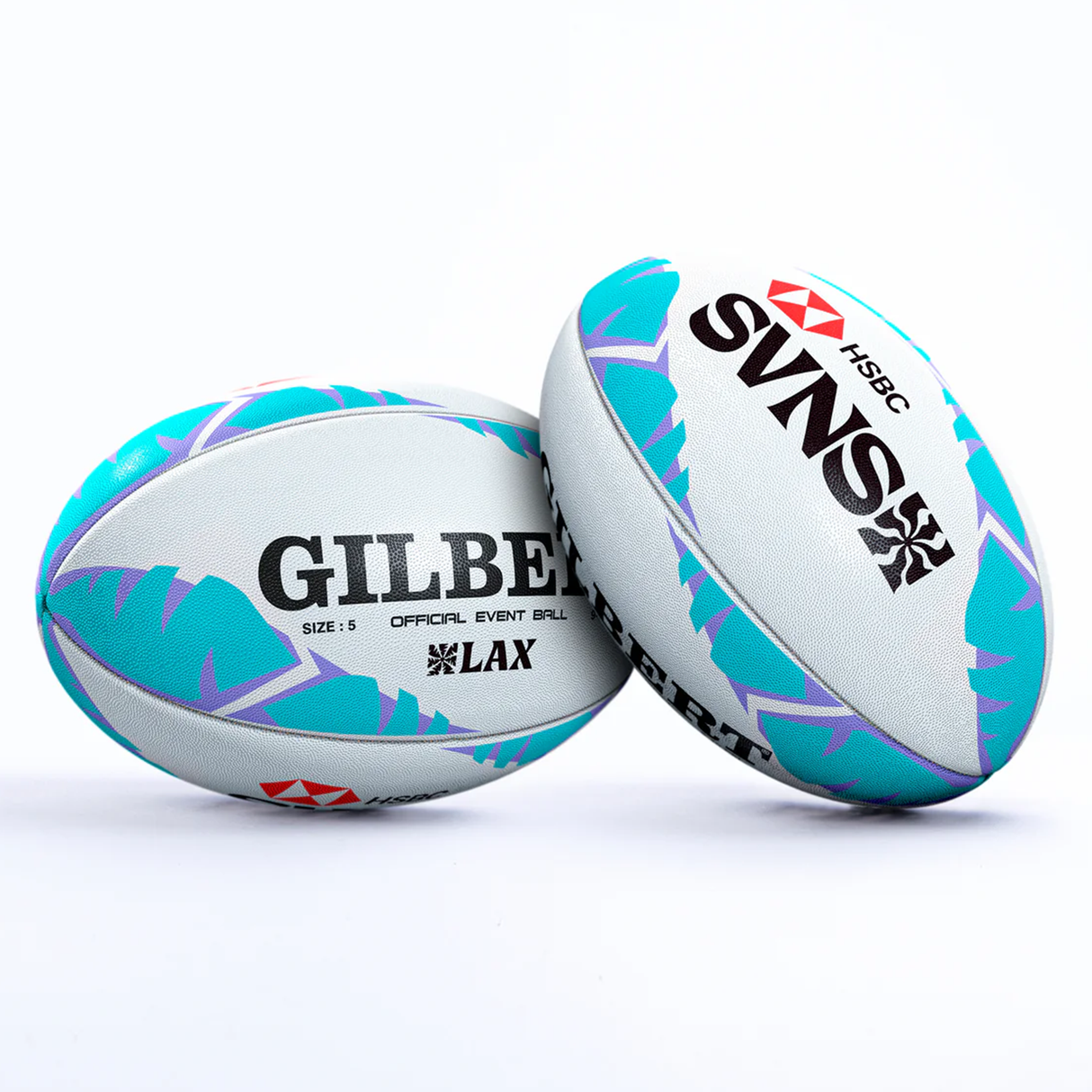 Two white LA SVNS 2025 Supporters Balls by Gilbert, featuring blue and purple designs and branded with "Gilbert" and "HSBC SVNS," stand upright together—ideal for any Gilbert supporter or ball collector.