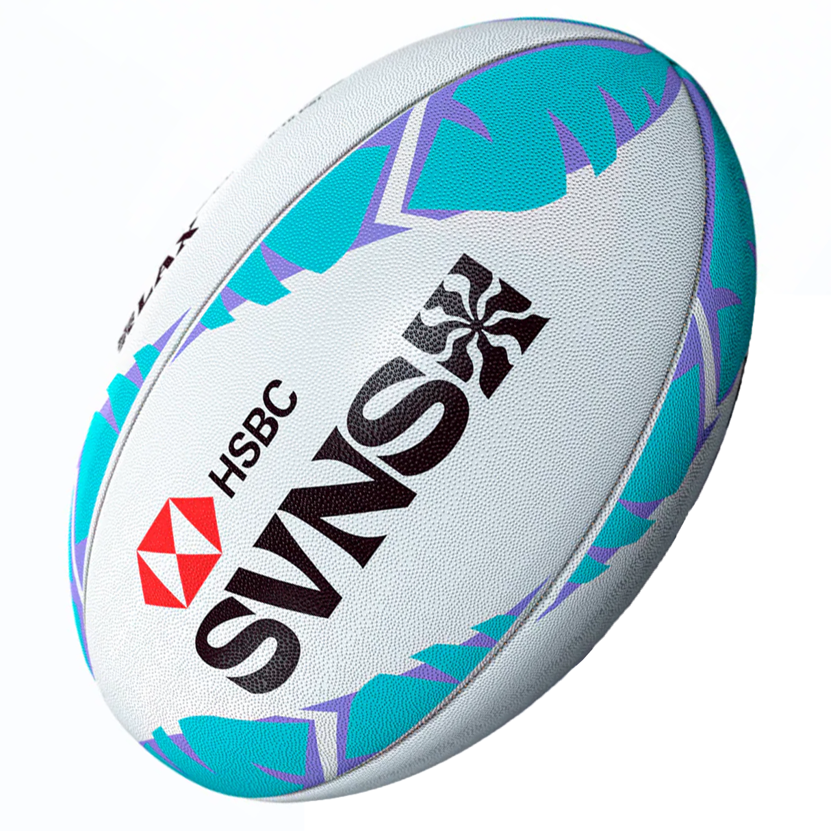 The Gilbert LA SVNS 2025 Supporters Ball is white with turquoise and purple patterns, featuring HSBC, SVNS, and event logos, shown on a white background.