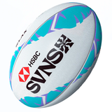 The Gilbert LA SVNS 2025 Supporters Ball is white with turquoise and purple patterns, featuring HSBC, SVNS, and event logos, shown on a white background.