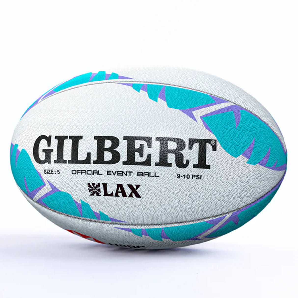 The LA SVNS 2025 Supporters Ball by Gilbert is a white size 5 Sevens rugby ball with blue and purple accents, "GILBERT" branding, and requires 9-10 PSI.