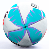 A close-up of the LA SVNS 2025 Supporters Ball by Gilbert, featuring white and teal panels with purple details and black branding, displayed against a white background.