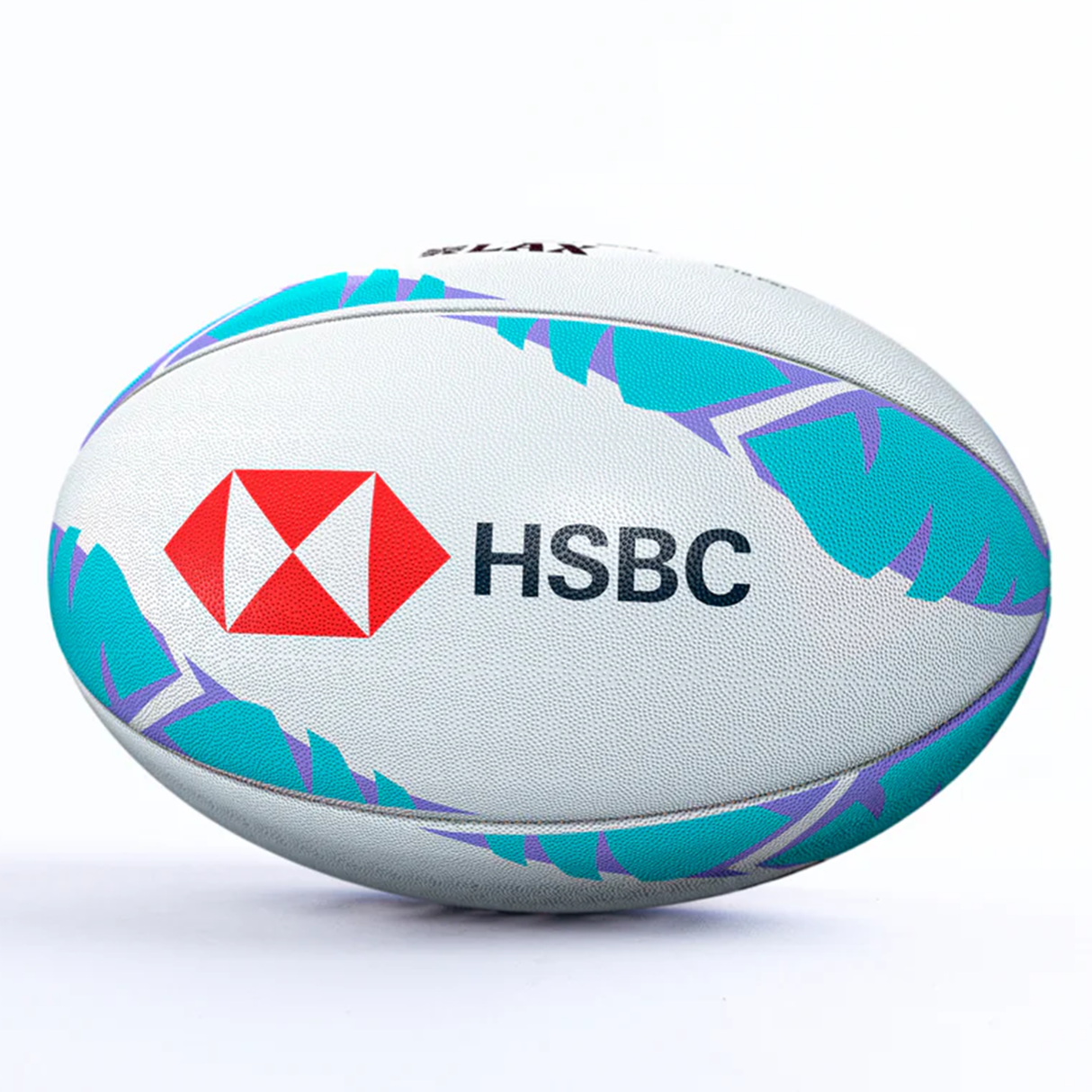 The LA SVNS 2025 Supporters Ball by Gilbert is a white rugby ball with turquoise and purple patterns, featuring the red and black HSBC logo—ideal for fans.