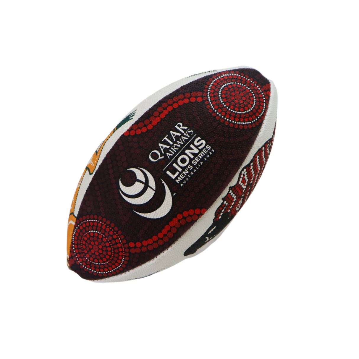 The Gilbert British and Irish Lions Series 2025 Supporter Mini Ball features a red and white dotted design with "Qatar Airways Lions Series" on it, displayed on a clear stand—ideal for fans of the 2025 British and Irish Lions.