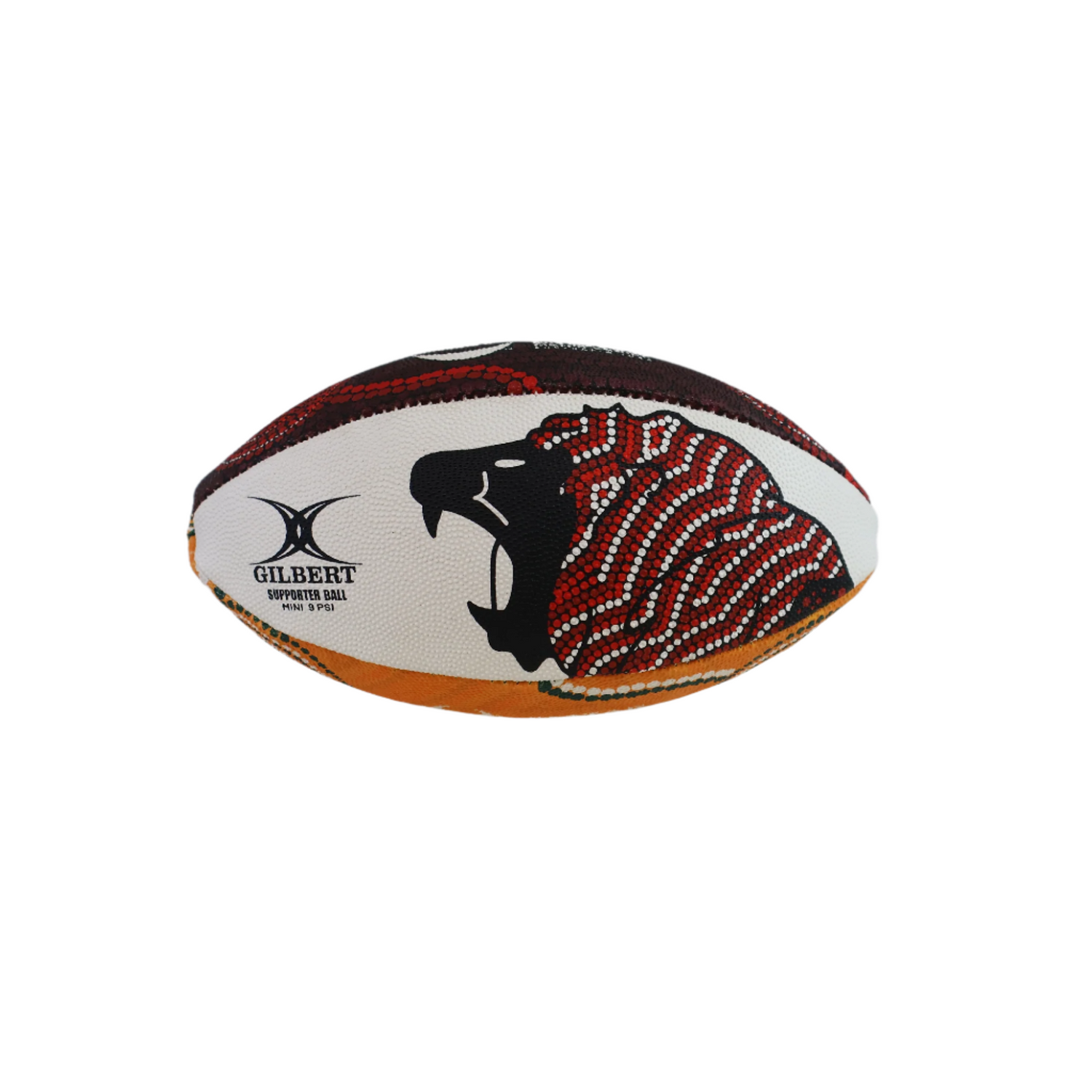 The Gilbert British and Irish Lions Series 2025 Supporter Mini Ball features a roaring bear head illustration with a patterned design on a white background—ideal for fans and collectors.