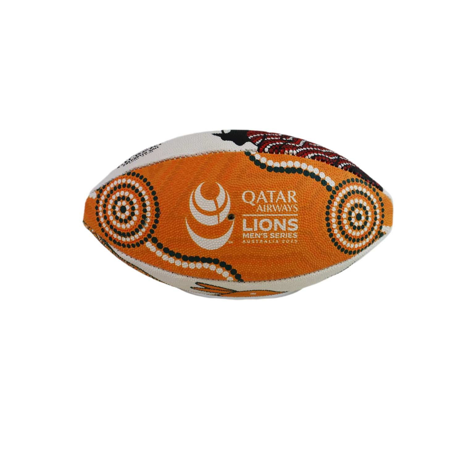 The British and Irish Lions Series 2025 Supporter Mini Ball by Gilbert, in orange and white with a dotted pattern, features Qatar Airways and Series logos. It is displayed on a clear stand against a plain background.