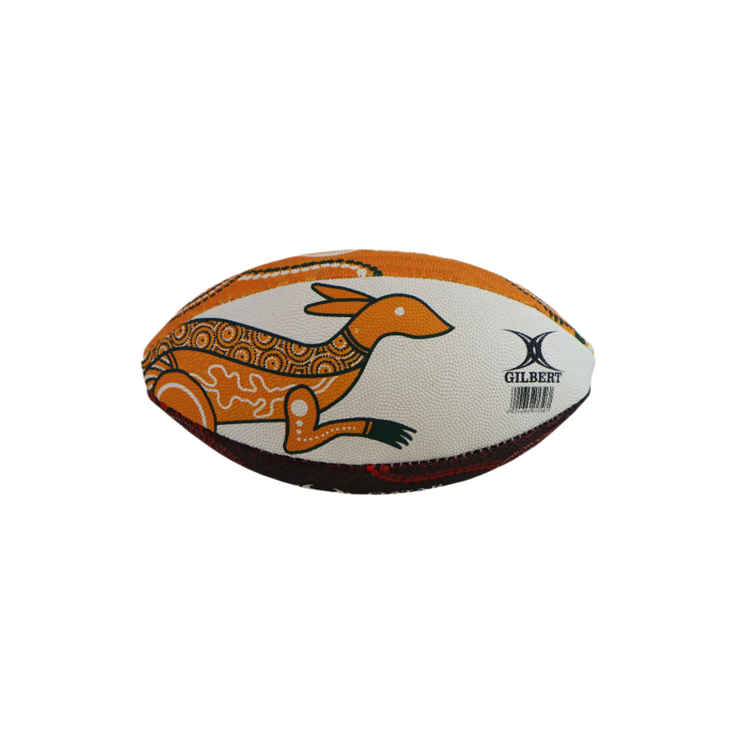 The British and Irish Lions Series 2025 Supporter Mini Ball by Gilbert is a white and orange mini rugby ball featuring an Aboriginal-style kangaroo illustration and the Gilbert logo.