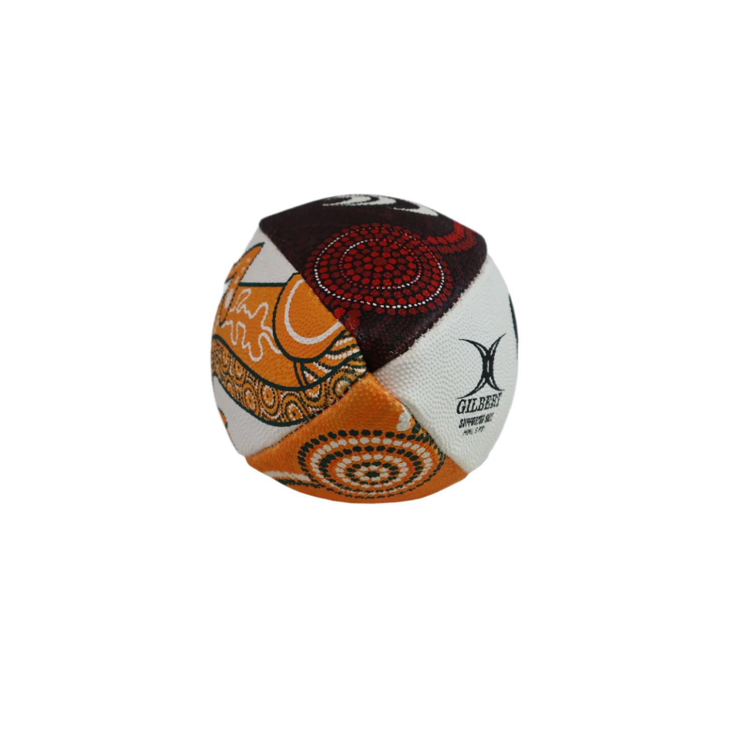 The British and Irish Lions Series 2025 Supporter Mini Ball by Gilbert, featuring vibrant geometric and circular patterns, rests on a white and gray background—ideal for rugby fans and collectors.