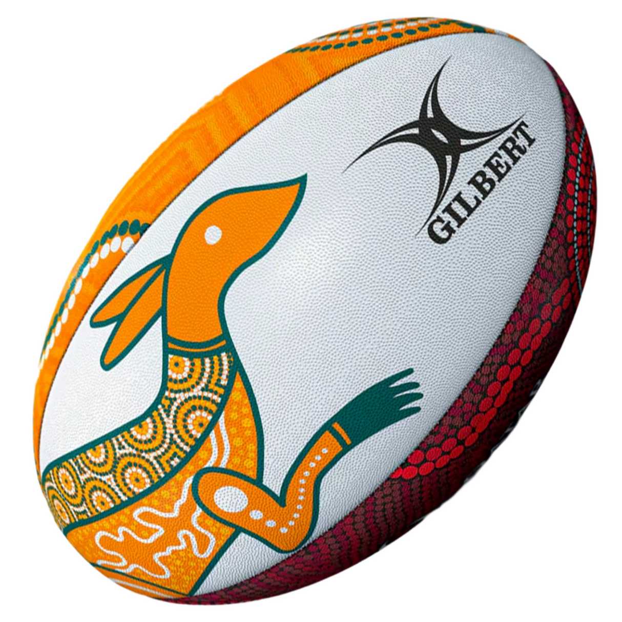 Show your support with the British and Irish Lions Series 2025 Supporter Ball by Gilbert, featuring vibrant patterns, an Aboriginal art-style kangaroo design, and the iconic Gilbert logo.