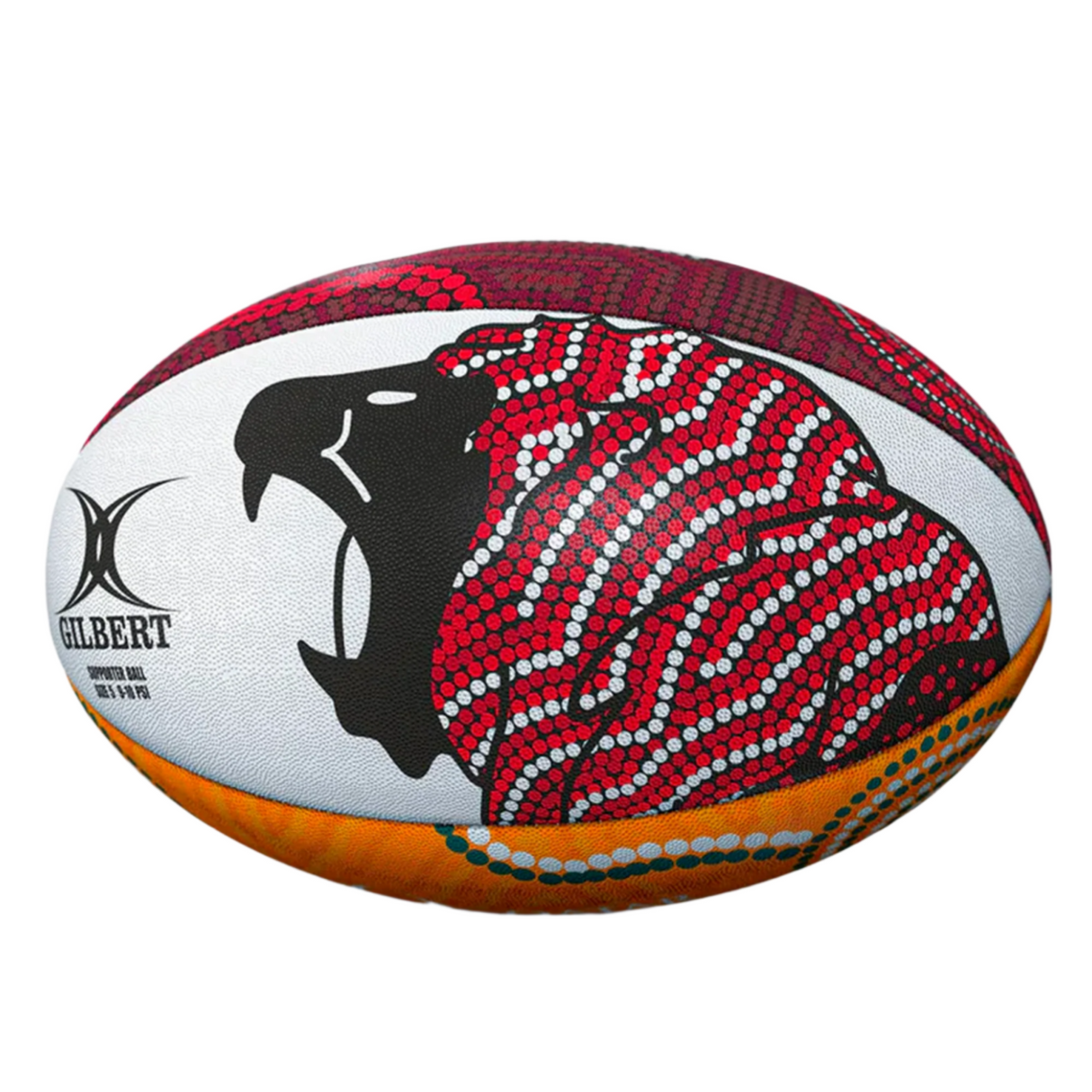 Show your support with the British and Irish Lions Series 2025 Supporter Ball by Gilbert, featuring a bold red, black, and white roaring lion design and the Gilbert logo—perfect for British and Irish Lions fans.