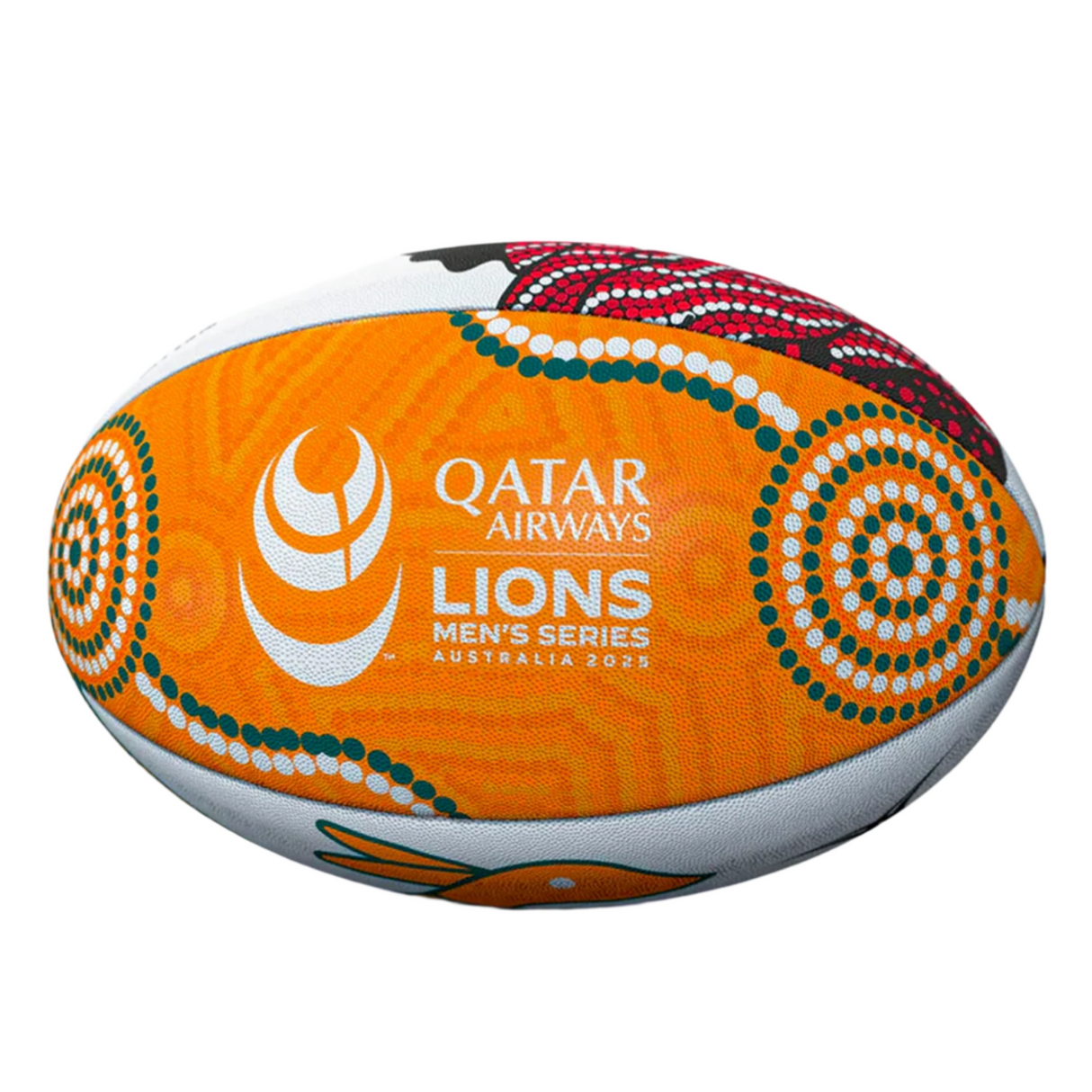 Show your support with the Gilbert British and Irish Lions Series 2025 Supporter Ball, featuring orange color, "Qatar Airways British and Irish Lions Men's Series Australia 2025" branding, and decorative Aboriginal-inspired patterns.
