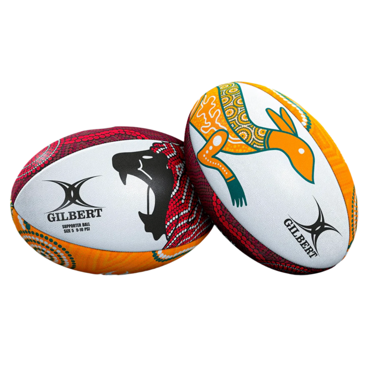 The Gilbert British and Irish Lions Series 2025 Supporter Ball features Indigenous Australian designs—one with a stylized animal and another with an open mouth—making it perfect for rugby fans and British and Irish Lions supporters.