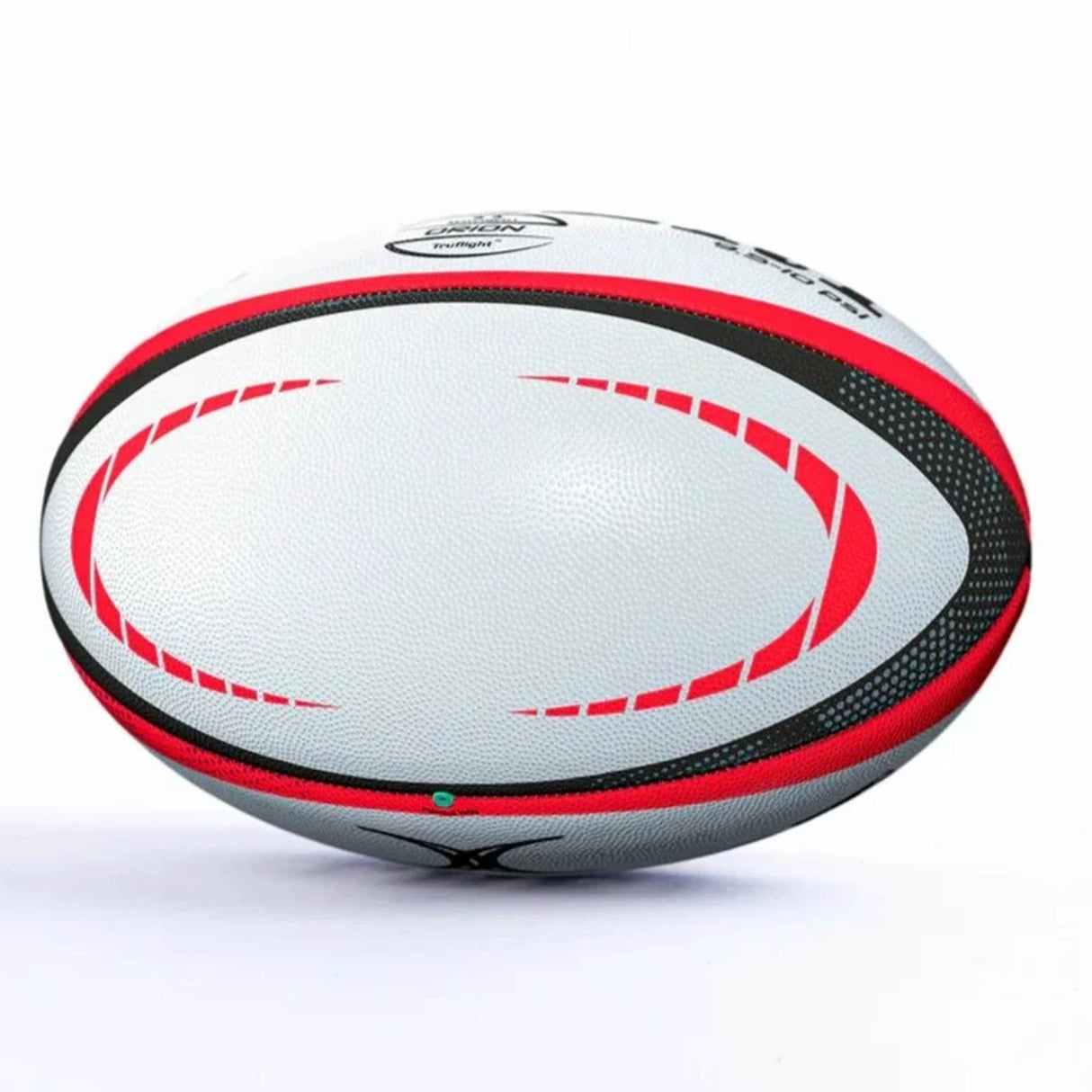 A Gilbert Orion Match Ball, featuring white panels with black and red curved patterns, is displayed on a white background.