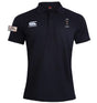 The Dallas Harlequins Lions Origin Waimak Polo by EMB Canterbury is a black short-sleeved rugby polo with a collar, white Canterbury logo, embroidered crest, "Lions" patch on the left sleeve, and is made from a cotton-polyester blend.
