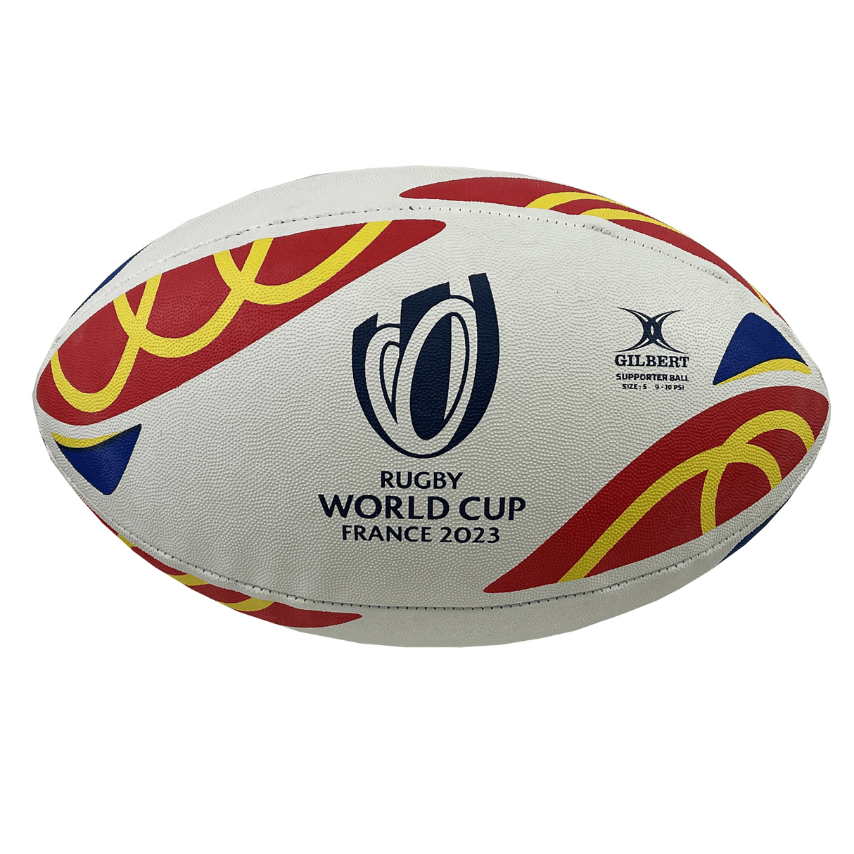 The Rugby World Cup 23 Romania Supporters Ball by Gilbert showcases the "Rugby World Cup France 2023" text along with dynamic curved patterns in red, yellow, and blue, making it an ideal selection for enthusiasts of Romanian rugby.