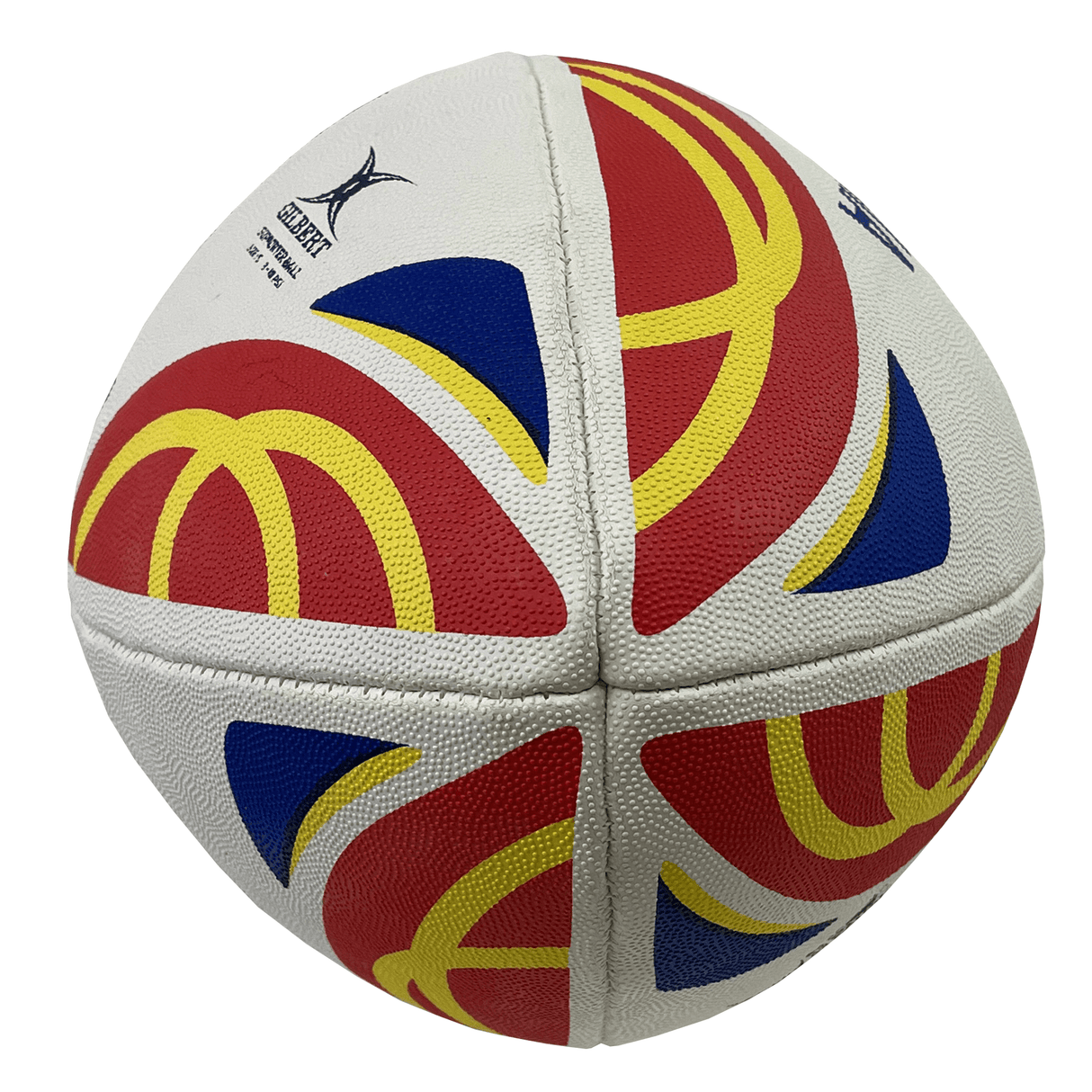A lively basketball featuring a red, yellow, and blue design on a white background captures the energetic essence of the Rugby World Cup 23 Romania Supporters Ball by Gilbert.