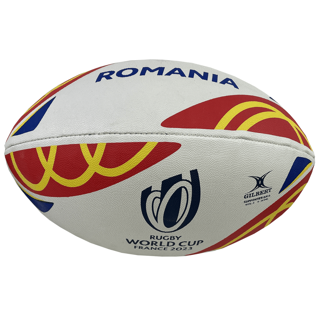 The Rugby World Cup 23 Romania Supporters Ball by Gilbert, skillfully designed by Gilbert rugby balls, features vibrant patterns and the official tournament logo, embodying Romania's spirit and pride.