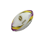 The Gilbert Women's Rugby World Cup 2025 Official Replica Mini Ball is a white rugby ball showcasing purple and yellow patterns with a "Licorno Eagles" logo of a running figure, capturing the essence of Gilbert Women's Rugby.