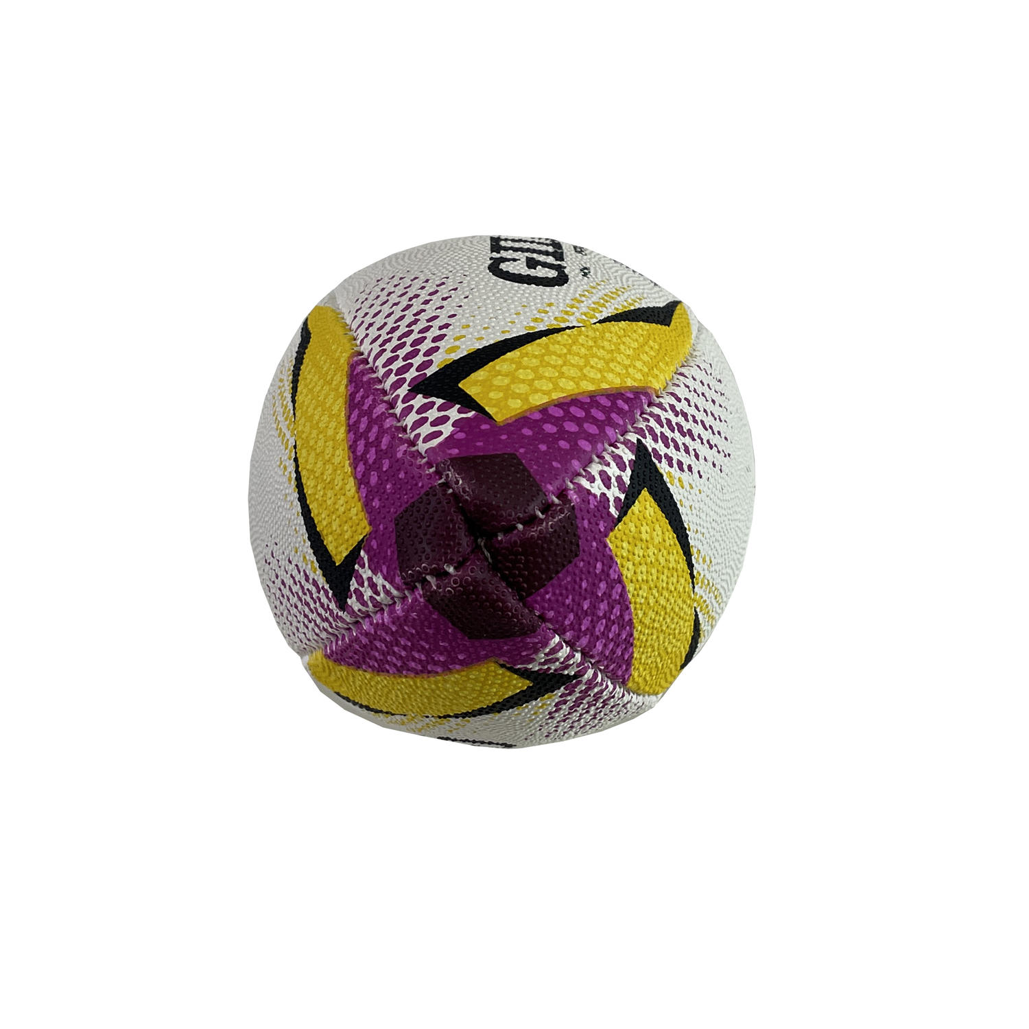 A vibrant volleyball with geometric patterns in yellow, purple, and black on a crisp white backdrop reflects the dynamic energy of the Gilbert Women's Rugby World Cup 2025 Official Replica Mini Ball, adding a sporty flair to any collection.