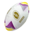 The Women's Rugby World Cup 2025 Official Supporters Ball by Gilbert is oval-shaped and showcases "ENG25" within a lively purple, yellow, and dotted pattern on a white background. Ideal for fans of Gilbert Women's Rugby.