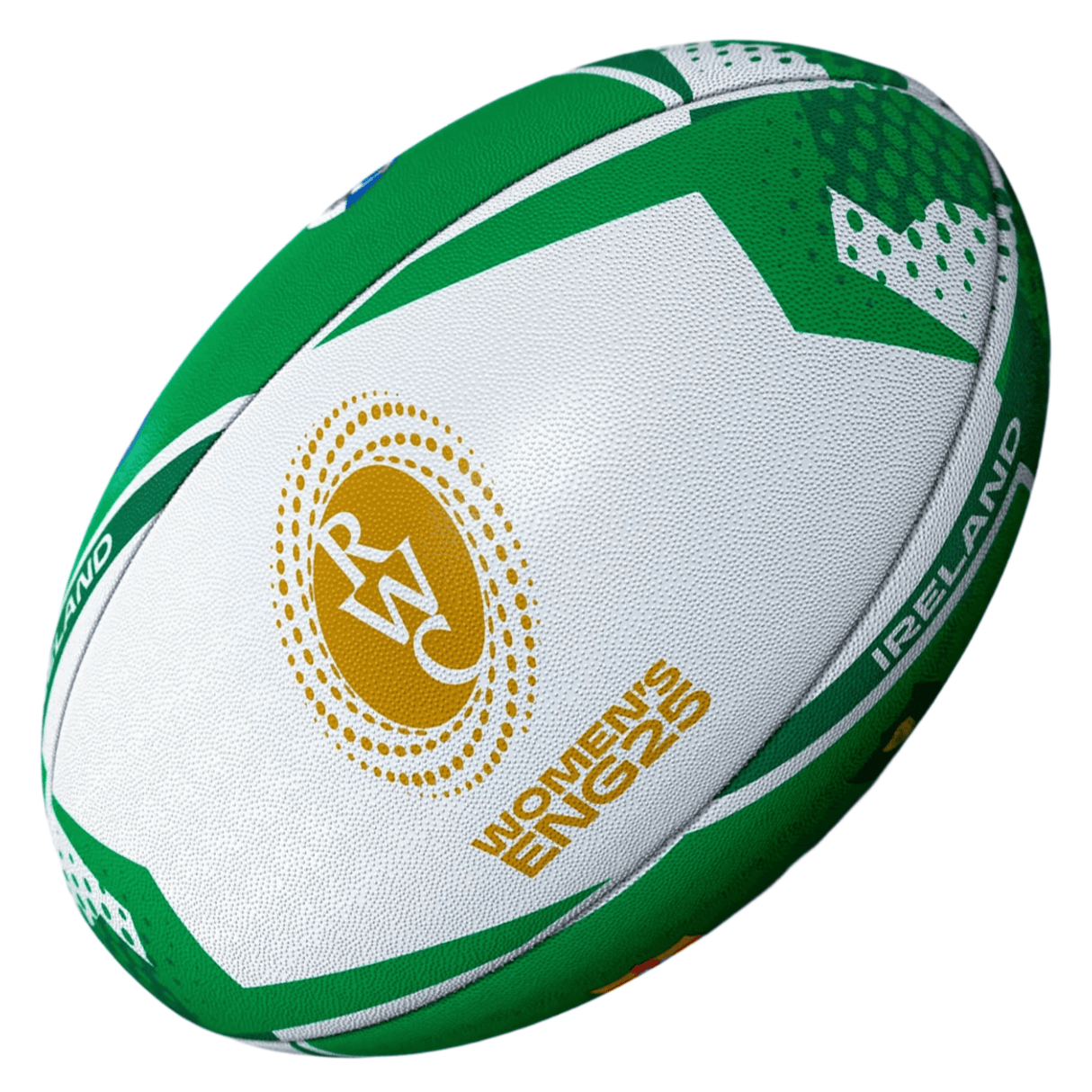 Celebrate the Women's Rugby World Cup with the Gilbert Women's Rugby World Cup 25 Ireland Team Ball, featuring green and white colors, geometric patterns, gold logo, and "Ireland" detail—perfect for fans!.