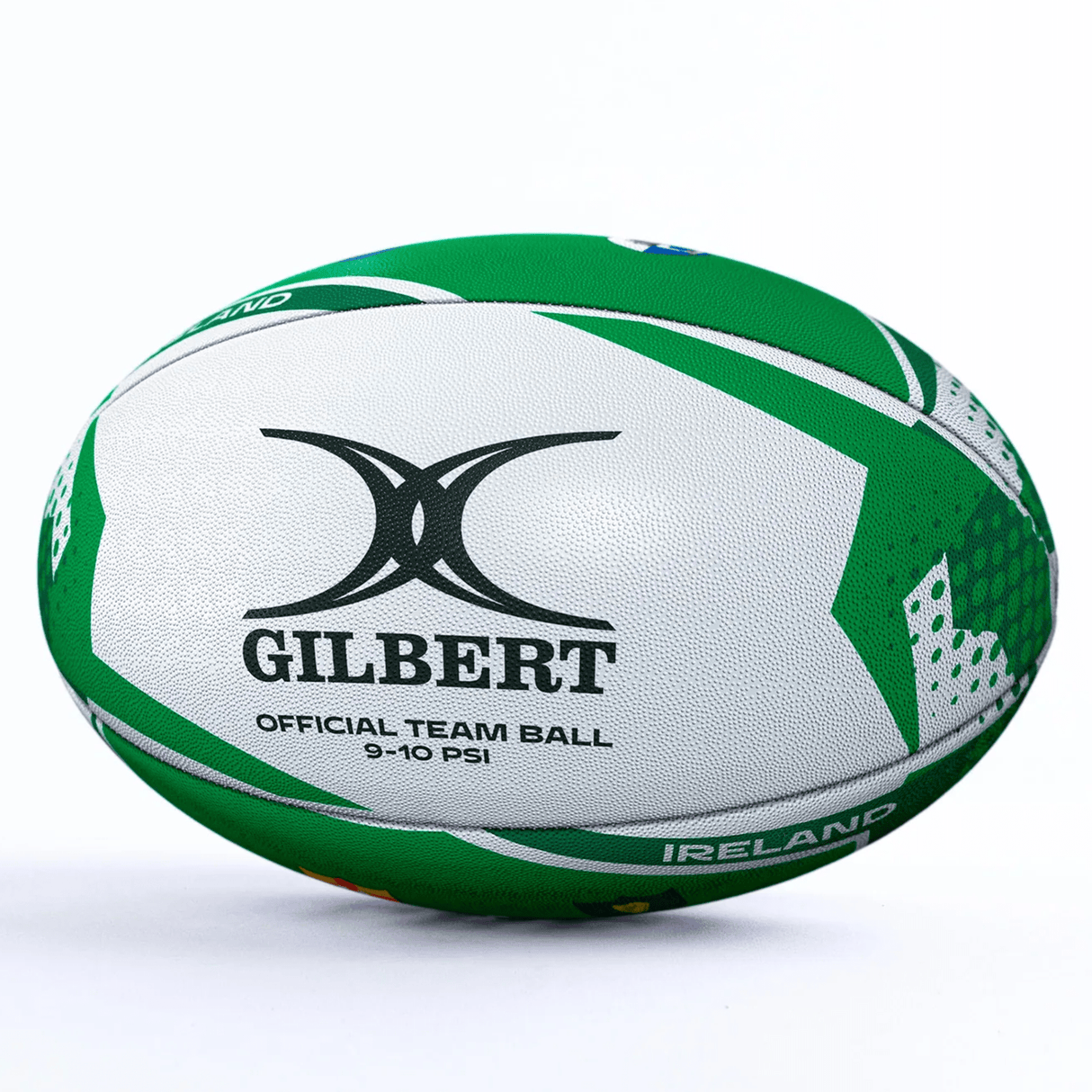 A green and white Women's Rugby World Cup 25 Ireland Team Ball by Gilbert, featuring bold Gilbert branding and "Ireland" on the side, displayed against a plain white background.