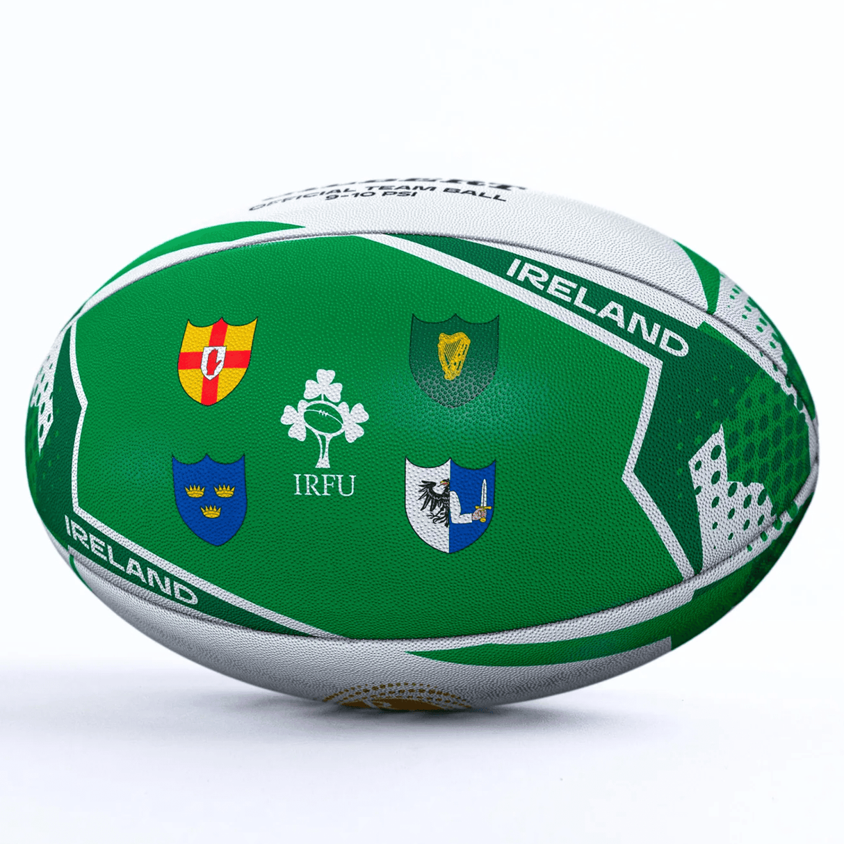 The Women's Rugby World Cup 25 Ireland Team Ball by Gilbert is a green ball with "IRELAND" text, IRFU logo, four provincial crests, and Gilbert branding, displayed on a white background.