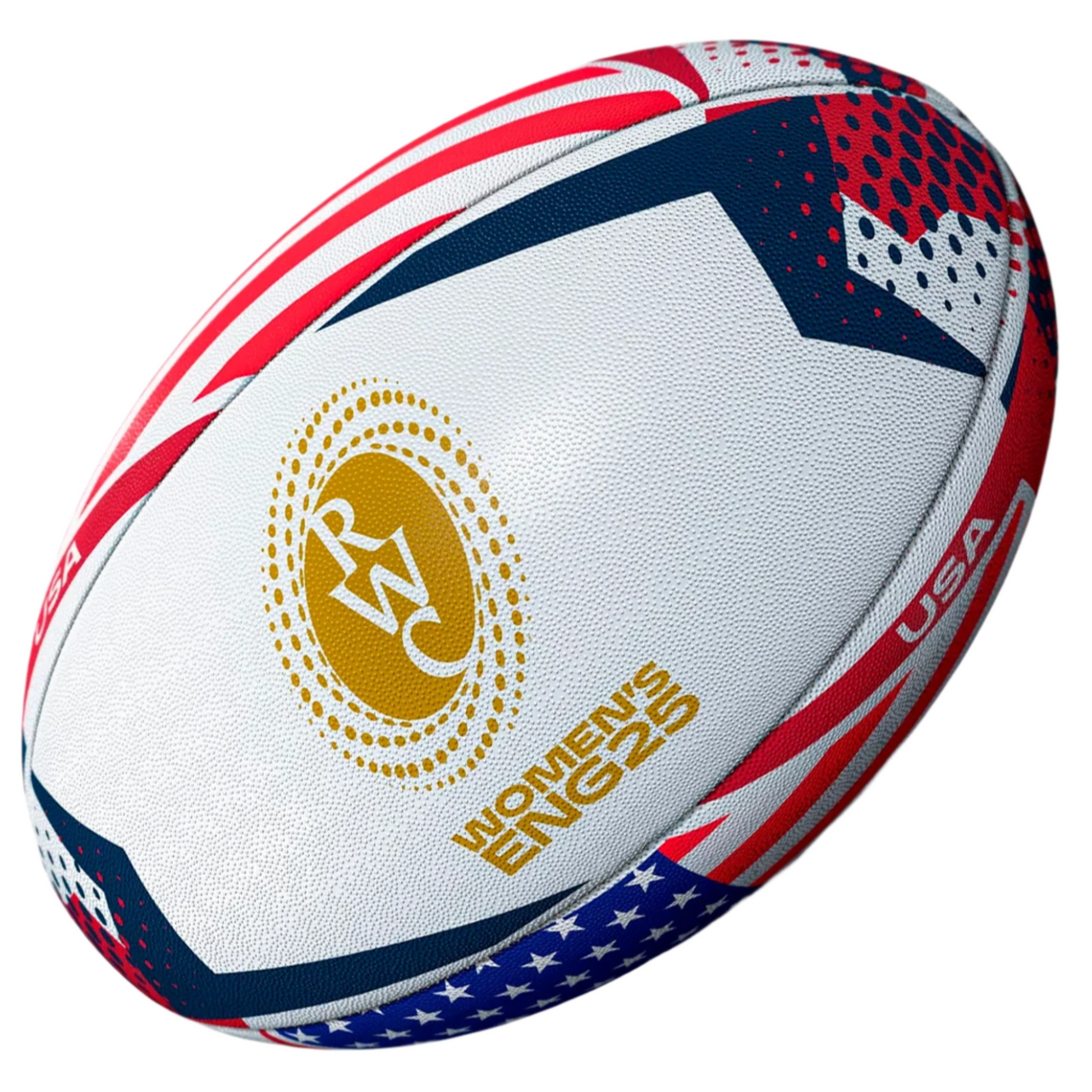 The Women's Rugby World Cup 25 USA Team Ball by Gilbert features USA text, the Women's Eagles logo, and a red, white, and blue stars-and-stripes design—ideal memorabilia for fans of the Women's Rugby World Cup.