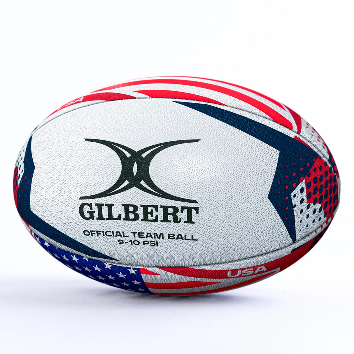 The Women's Rugby World Cup 25 USA Team Ball by Gilbert features a red, white, and blue stars-and-stripes design with “Official Team Ball 9-10 PSI” and “USA”—a bold memorabilia ball ideal for rugby fans.