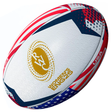 The Women's Rugby World Cup 25 USA Team Ball by Gilbert features USA red, white, and blue colors with a gold RWC logo—ideal for fans or collectors seeking unique rugby memorabilia.