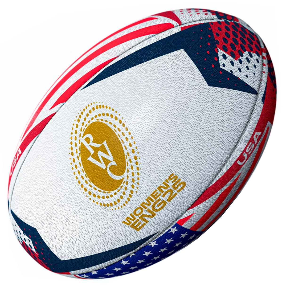 The Women's Rugby World Cup 25 USA Team Ball by Gilbert features USA red, white, and blue colors with a gold RWC logo—ideal for fans or collectors seeking unique rugby memorabilia.