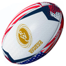 The Women's Rugby World Cup 25 USA Team Ball by Gilbert features USA red, white, and blue colors with a gold RWC logo—ideal for fans or collectors seeking unique rugby memorabilia.