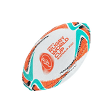 The Rugby World Cup 2027 Australia Mini Ball by Gilbert features white, orange, teal, and black patterns, “Men’s Rugby World Cup Australia 2027” text, and the tournament logo—a perfect commemorative mini rugby ball for fans.
