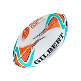 The Gilbert Rugby World Cup 2027 Australia Mini Ball features orange, teal, and black patterns with the tournament logo—perfect as a replica rugby ball for fans ahead of Rugby World Cup 2027.