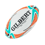 The Gilbert Rugby World Cup 2027 Australia Mini Ball is a small white ball with orange and teal patterns and bold black branding—ideal for any fan or collector.