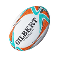 The Gilbert Rugby World Cup 2027 Australia Replica Ball is a white ball with orange, turquoise, and black patterns featuring "GILBERT OFFICIAL REPLICA BALL"—perfect for Rugby World Cup 2027 fans.
