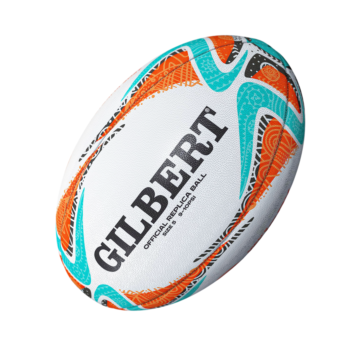 The Gilbert Rugby World Cup 2027 Australia Replica Ball is a white ball with orange, turquoise, and black patterns featuring "GILBERT OFFICIAL REPLICA BALL"—perfect for Rugby World Cup 2027 fans.