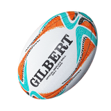 The Gilbert Rugby World Cup 2027 Australia Replica Ball is a white ball with orange, turquoise, and black patterns featuring "GILBERT OFFICIAL REPLICA BALL"—perfect for Rugby World Cup 2027 fans.