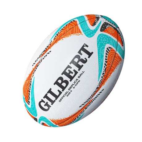 The Gilbert Rugby World Cup 2027 Australia Replica Ball is a white ball with orange, turquoise, and black patterns featuring "GILBERT OFFICIAL REPLICA BALL"—perfect for Rugby World Cup 2027 fans.