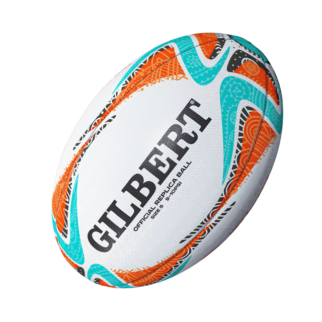 The Gilbert Rugby World Cup 2027 Australia Replica Ball is a white ball with orange, turquoise, and black patterns featuring "GILBERT OFFICIAL REPLICA BALL"—perfect for Rugby World Cup 2027 fans.