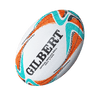 The Gilbert Rugby World Cup 2027 Australia Replica Ball is a white ball with orange, turquoise, and black patterns featuring "GILBERT OFFICIAL REPLICA BALL"—perfect for Rugby World Cup 2027 fans.