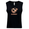 The WRS S&S Activewear Women's USA Rugby Bronze Cotton Muscle Crop Tank is a black crop top featuring the USA Rugby logo and light orange text, inspired by the team's bronze medal achievement.
