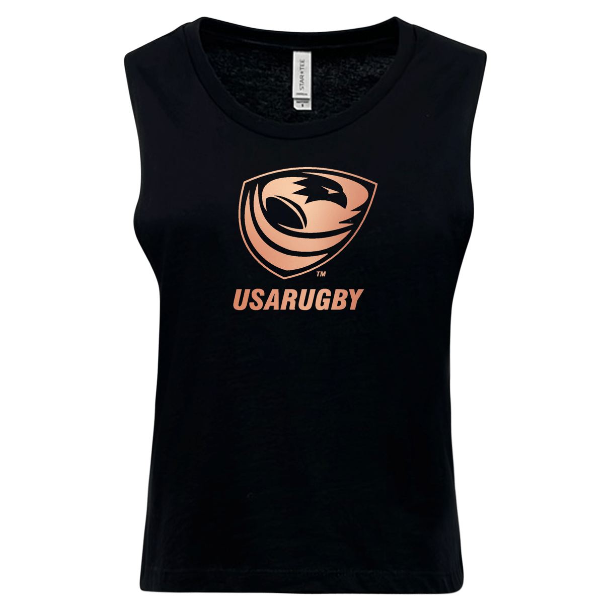 The WRS S&S Activewear Women's USA Rugby Bronze Cotton Muscle Crop Tank is a black crop top featuring the USA Rugby logo and light orange text, inspired by the team's bronze medal achievement.
