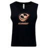 The WRS S&S Activewear Women's USA Rugby Bronze Cotton Muscle Crop Tank is a black crop top featuring the USA Rugby logo and light orange text, inspired by the team's bronze medal achievement.