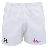The Girls Rugby Advantage Rugby Shorts by EMB Canterbury feature an elastic waistband, the Canterbury logo on the left leg, a "girls rugby" logo on the right, and offer comfort and durability for every game.