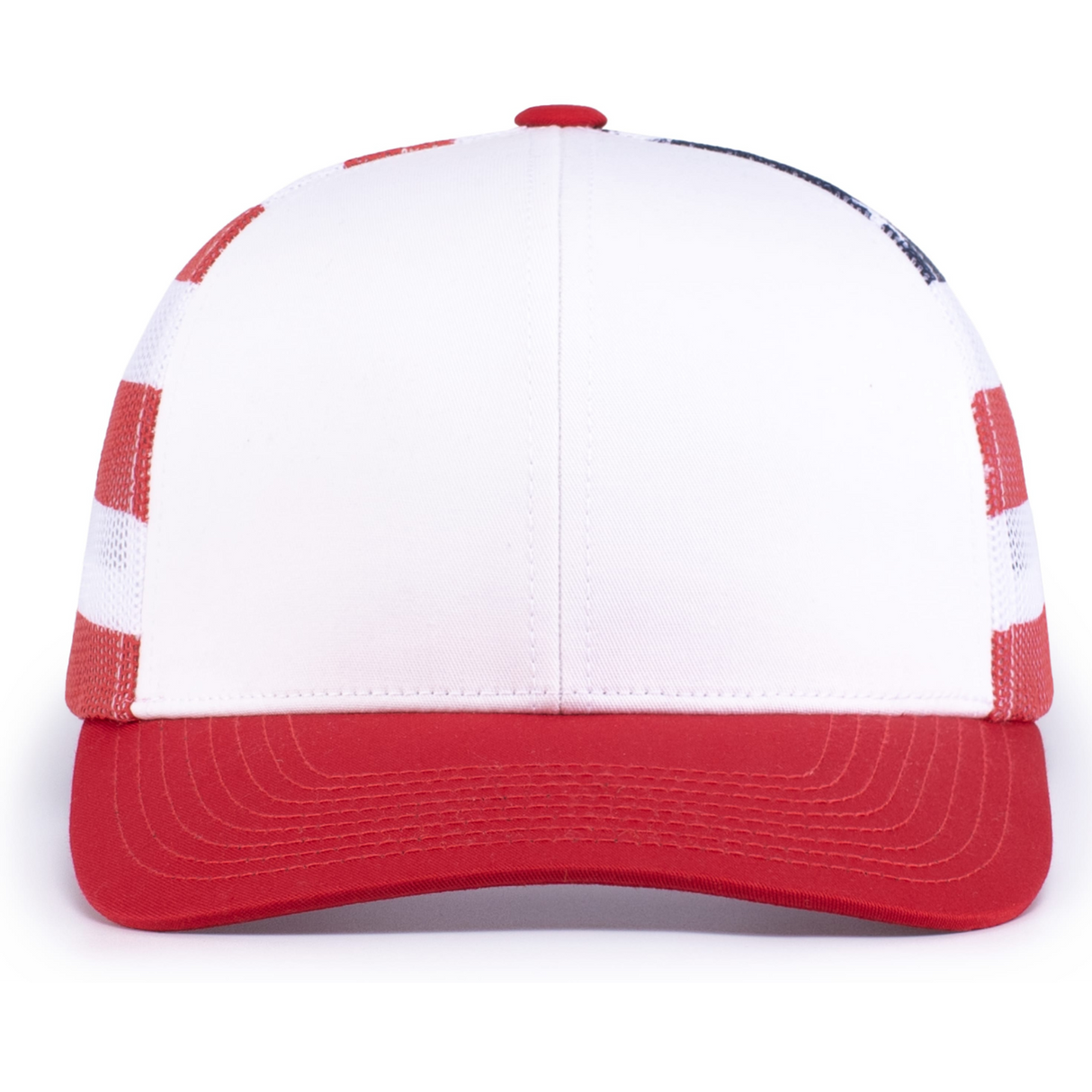 The Augusta Sportswear Printed Flag Trucker Cap is white with a red brim and button, plus red and blue stripes on the side panels.
